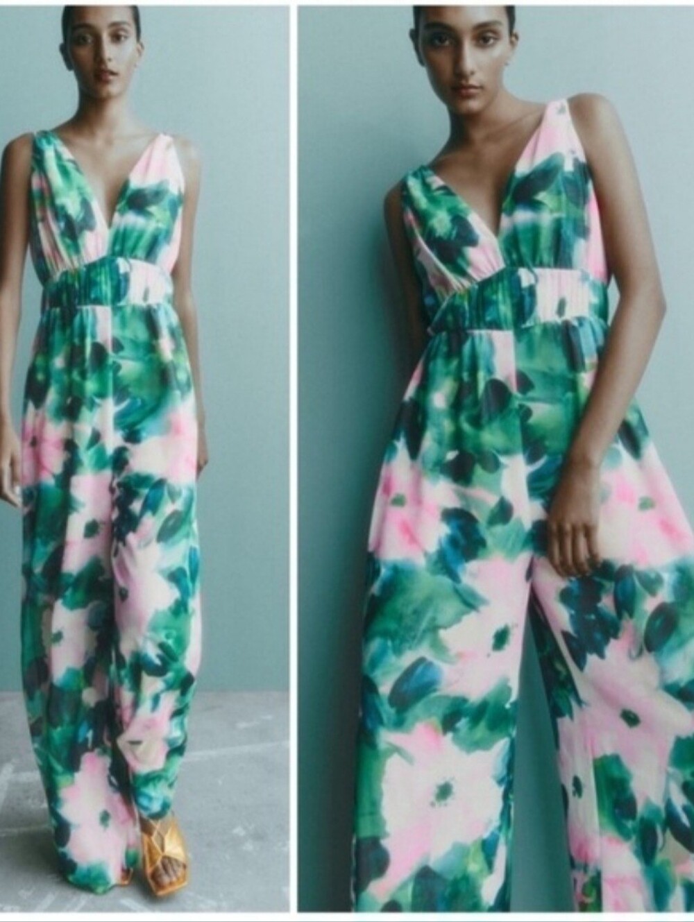 Zara Pink & Green Floral V-Neck Wide-Leg Jumpsuit